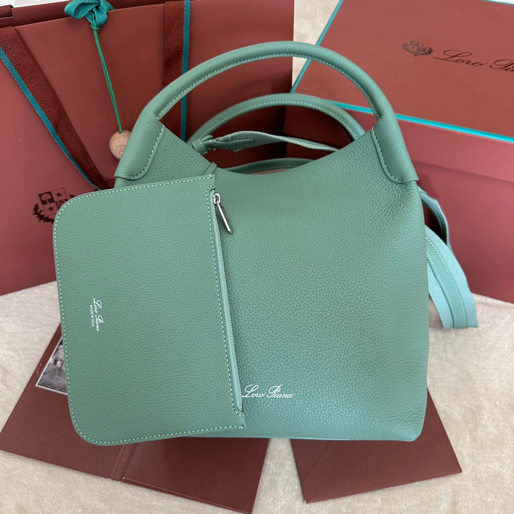 LORO PIANA MEDIUM 36 BAG IN PERSIAN GREEN CALFSKIN WITH SILVER HARDWARE