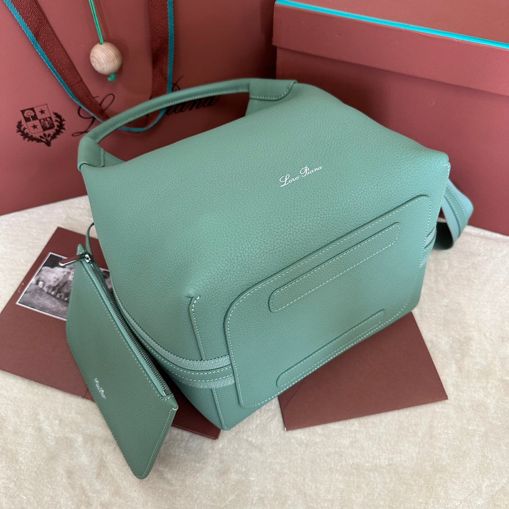 LORO PIANA MEDIUM 36 BAG IN PERSIAN GREEN CALFSKIN WITH SILVER HARDWARE
