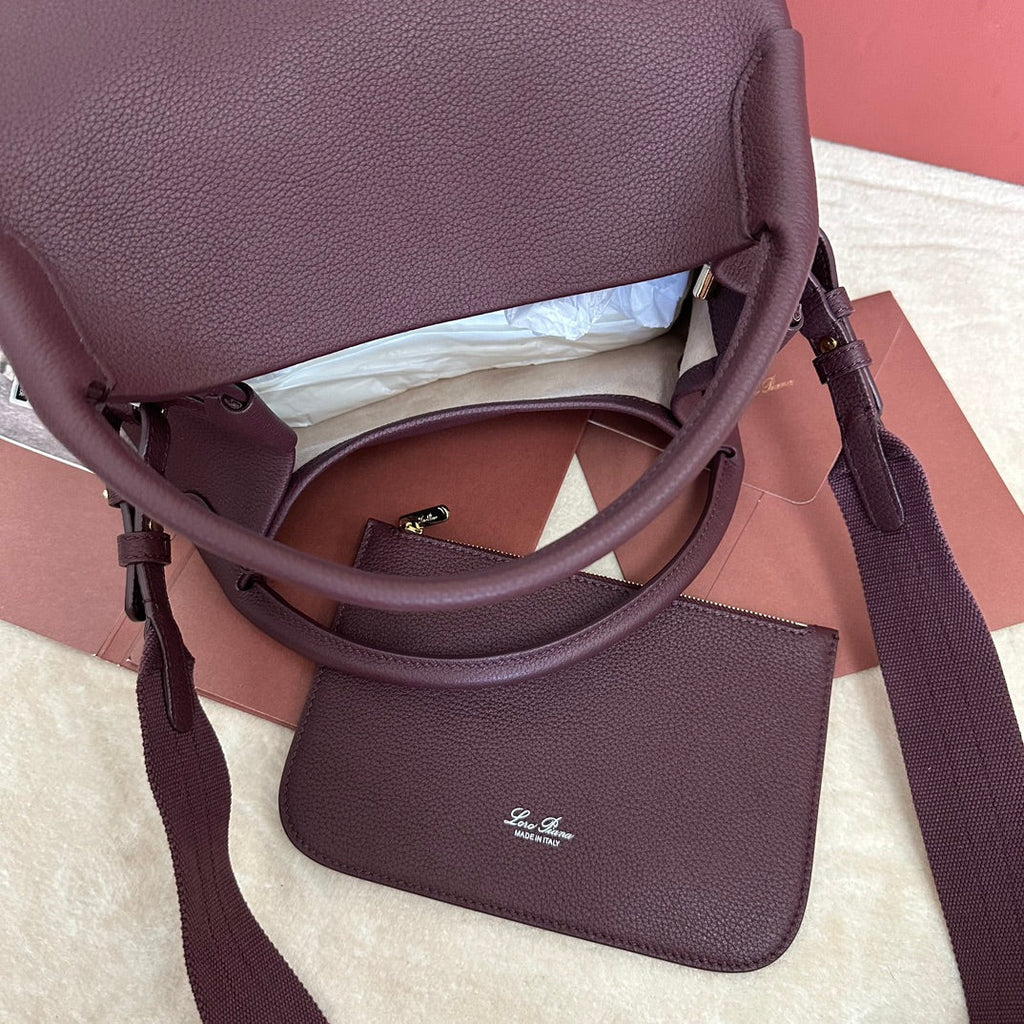 LORO PIANA MEDIUM 36 BAG IN WINE PURPLE CALFSKIN WITH GOLD HARDWARE