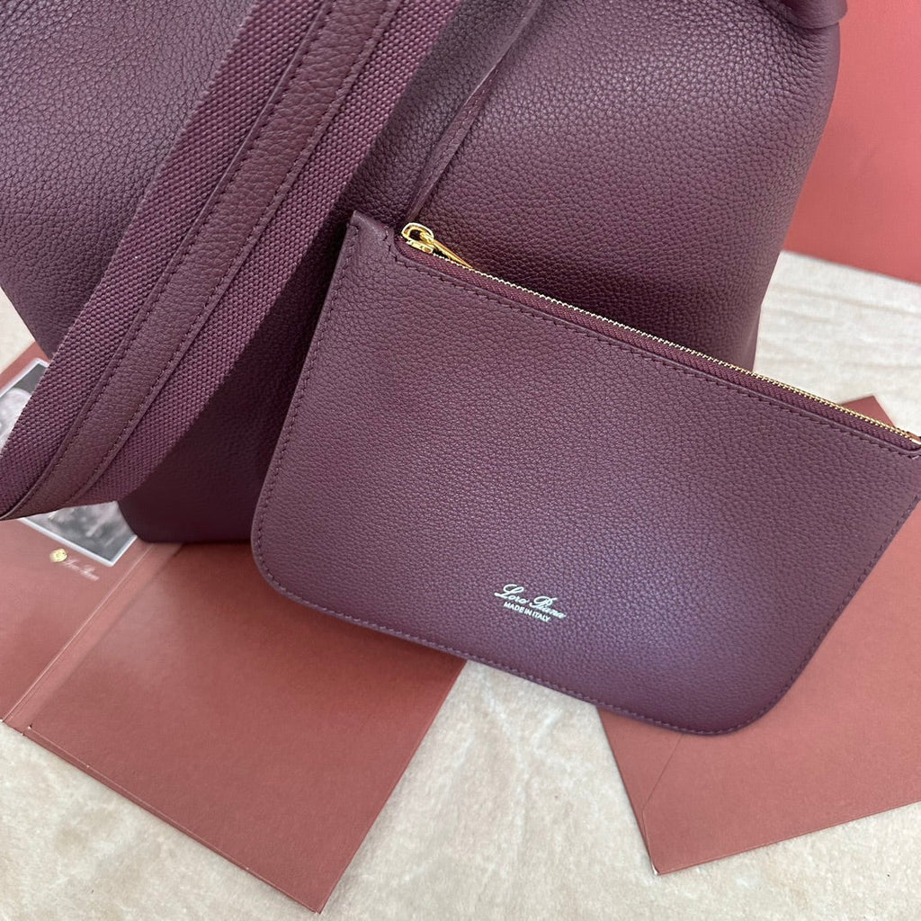 LORO PIANA MEDIUM 36 BAG IN WINE PURPLE CALFSKIN WITH GOLD HARDWARE