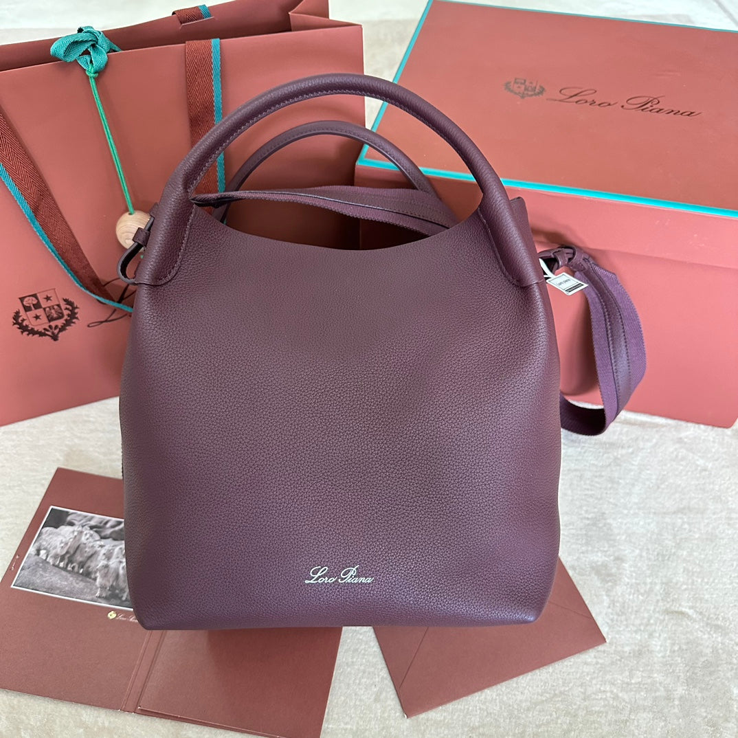 LORO PIANA MEDIUM 36 BAG IN WINE PURPLE CALFSKIN WITH GOLD HARDWARE