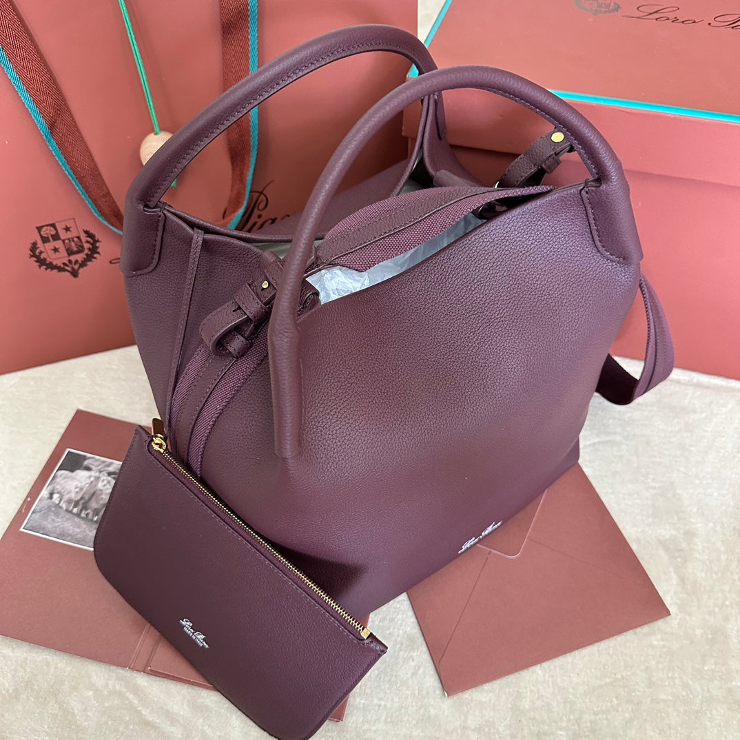 LORO PIANA MEDIUM 36 BAG IN WINE PURPLE CALFSKIN WITH GOLD HARDWARE