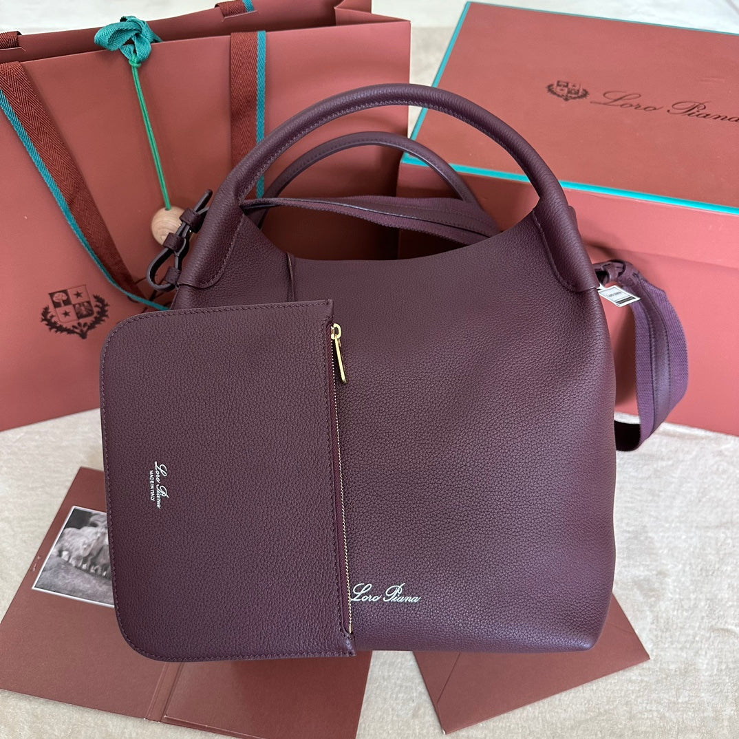 LORO PIANA MEDIUM 36 BAG IN WINE PURPLE CALFSKIN WITH GOLD HARDWARE