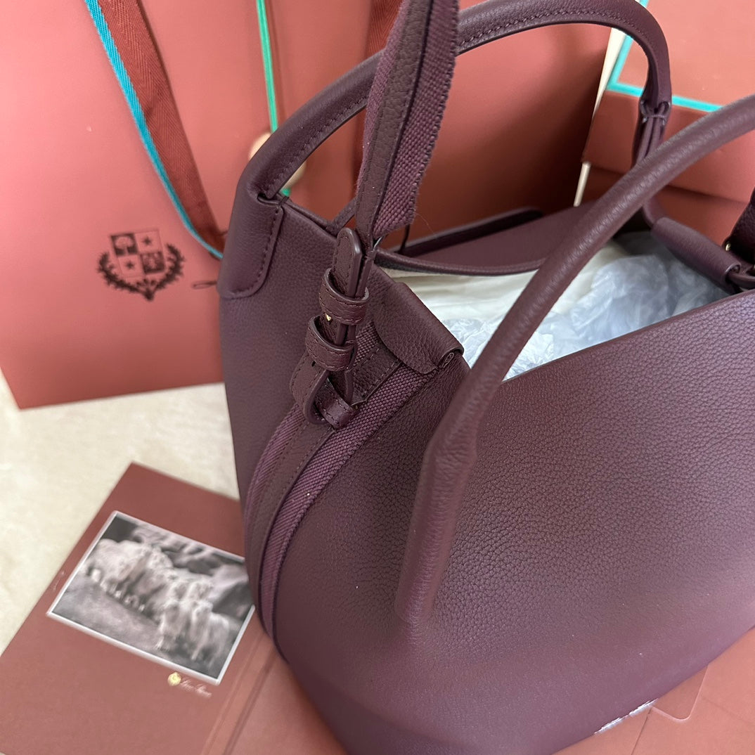 LORO PIANA MEDIUM 36 BAG IN WINE PURPLE CALFSKIN WITH GOLD HARDWARE