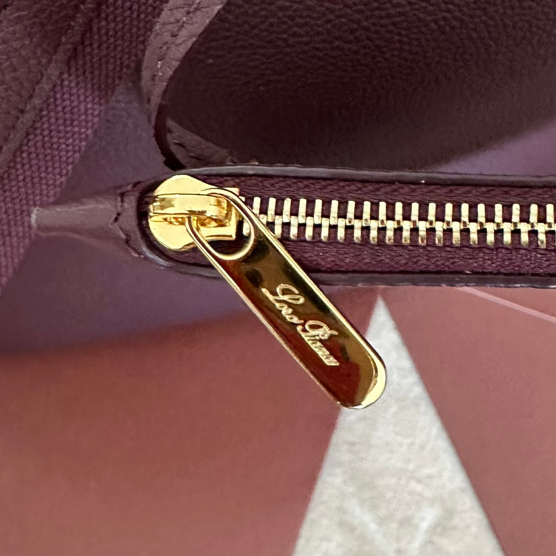LORO PIANA MEDIUM 36 BAG IN WINE PURPLE CALFSKIN WITH GOLD HARDWARE