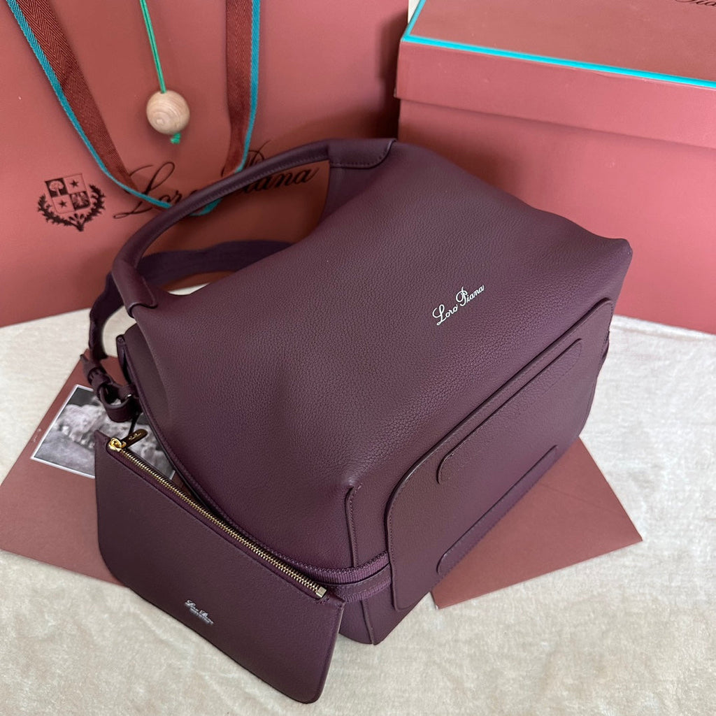 LORO PIANA MEDIUM 36 BAG IN WINE PURPLE CALFSKIN WITH GOLD HARDWARE