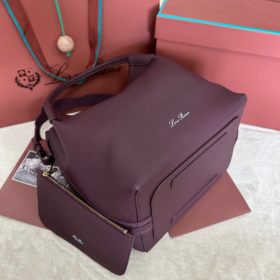 LORO PIANA MEDIUM 36 BAG IN WINE PURPLE CALFSKIN WITH GOLD HARDWARE