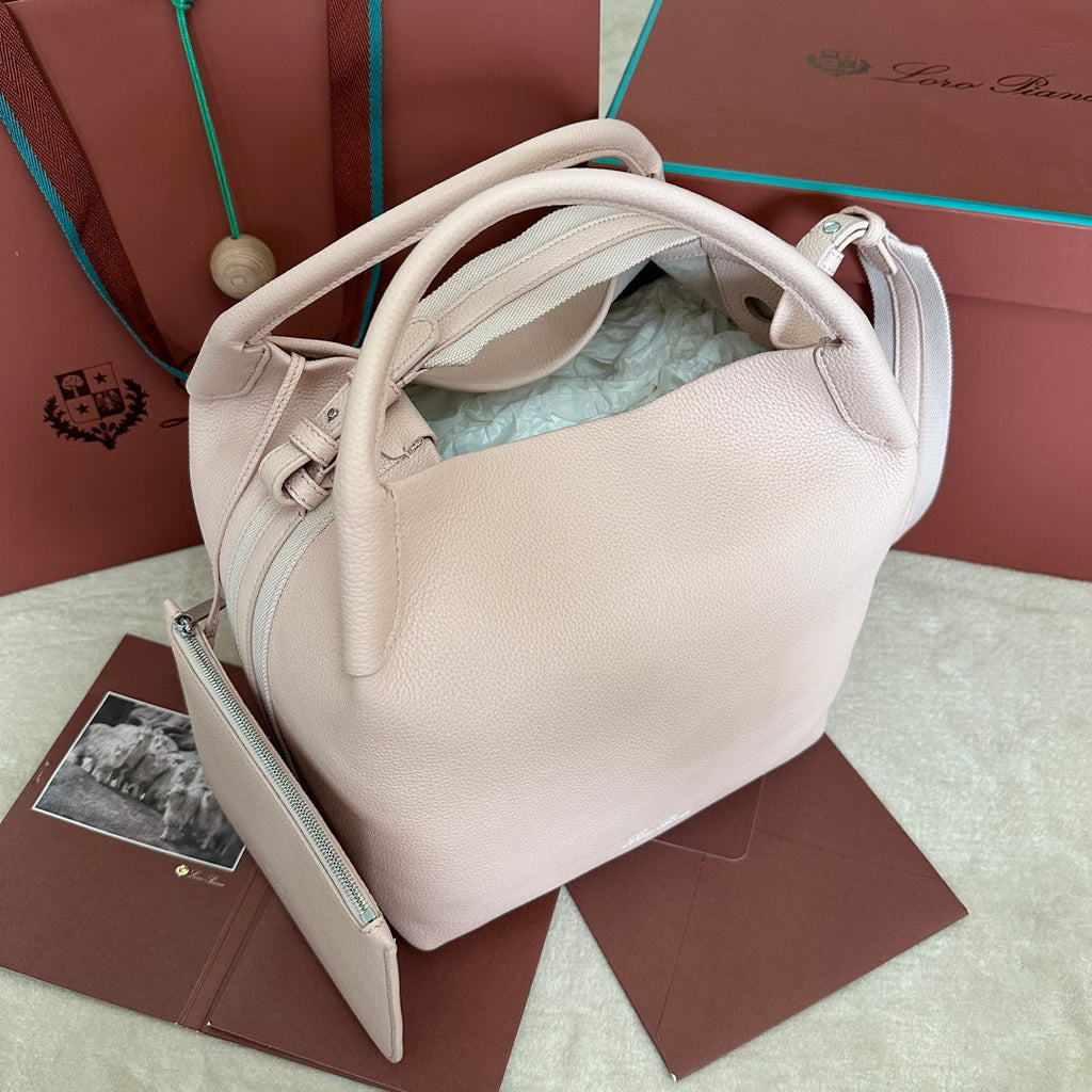 LORO PIANA MEDIUM 36 BAG IN PALE PINK CALFSKIN WITH SILVER HARDWARE