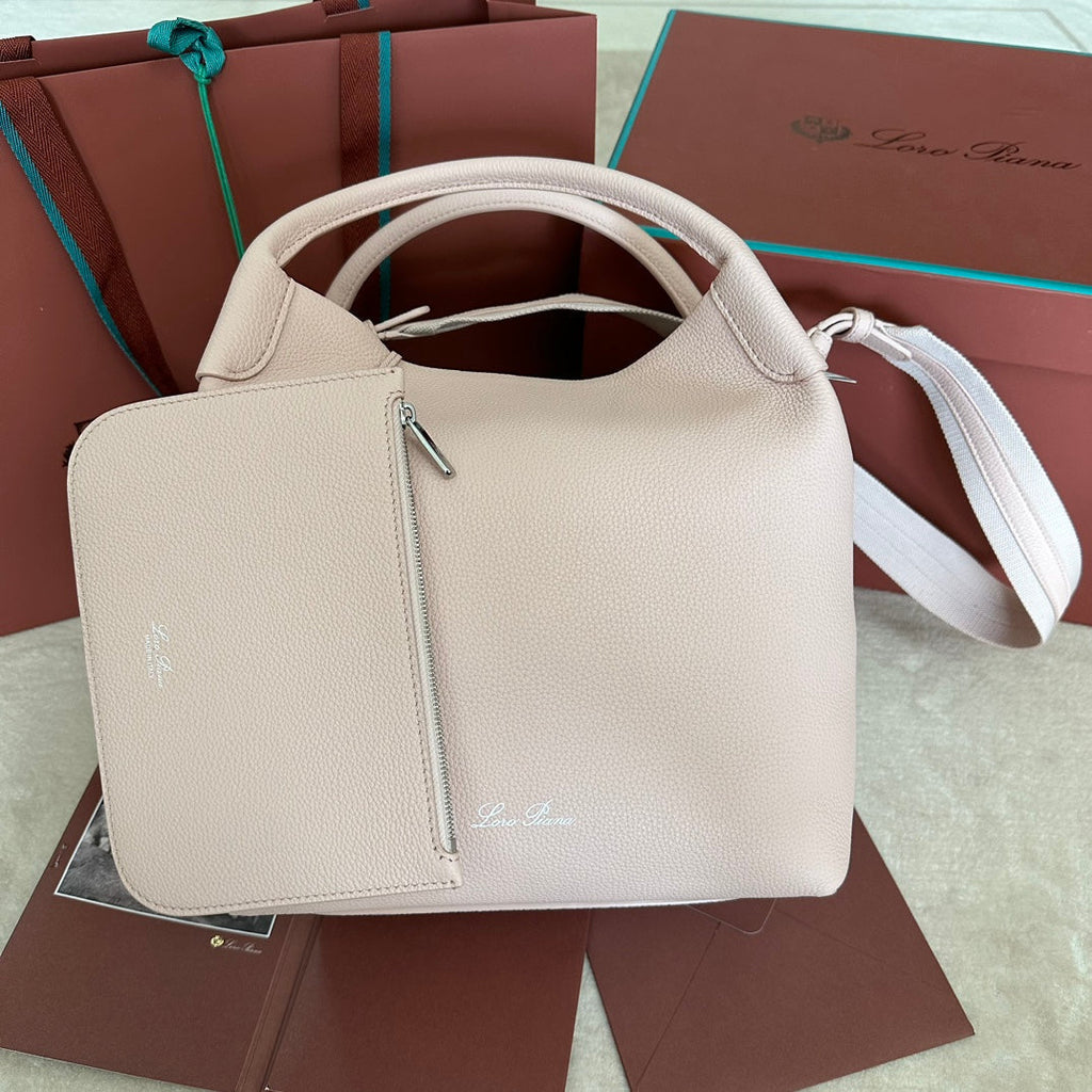 LORO PIANA MEDIUM 36 BAG IN PALE PINK CALFSKIN WITH SILVER HARDWARE