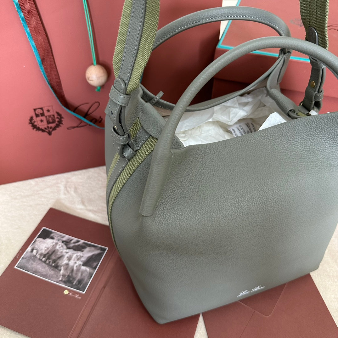 LORO PIANA MEDIUM 36 BAG IN ASH GRAY CALFSKIN WITH GOLD HARDWARE