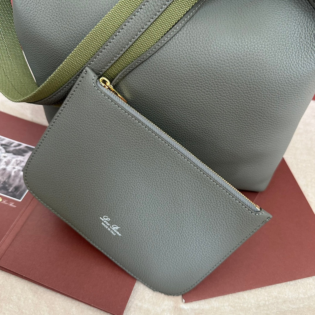 LORO PIANA MEDIUM 36 BAG IN ASH GRAY CALFSKIN WITH GOLD HARDWARE