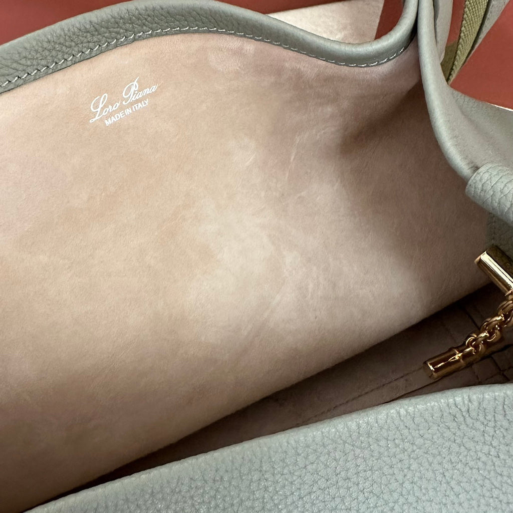 LORO PIANA MEDIUM 36 BAG IN ASH GRAY CALFSKIN WITH GOLD HARDWARE