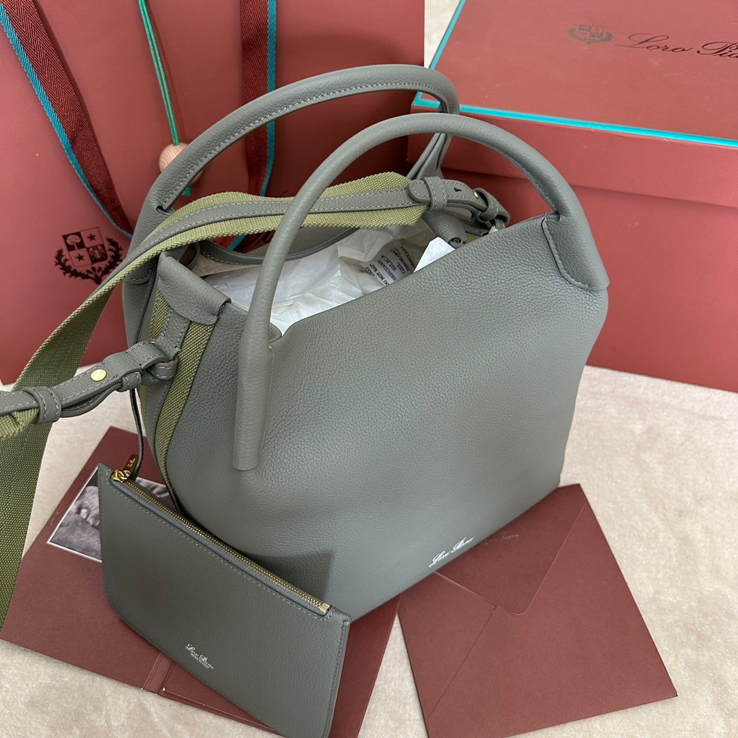 LORO PIANA MEDIUM 36 BAG IN ASH GRAY CALFSKIN WITH GOLD HARDWARE