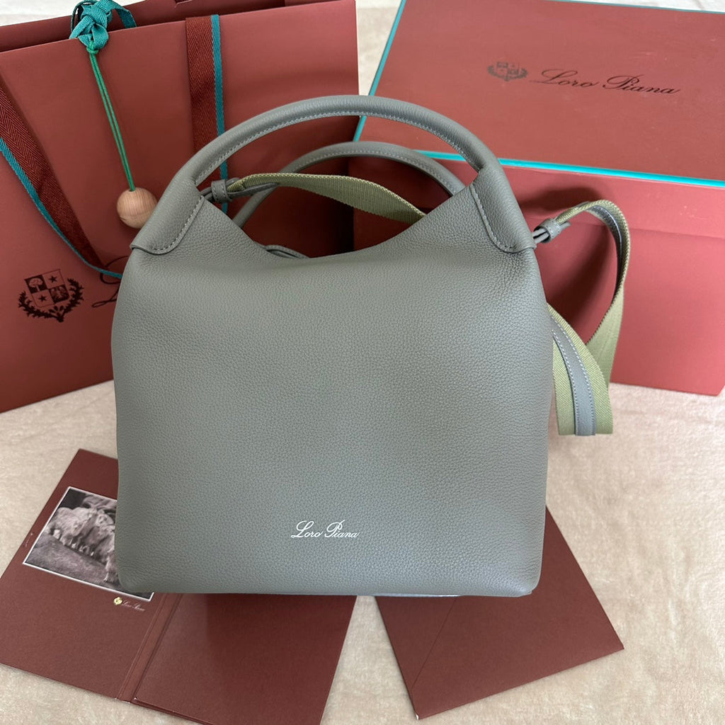 LORO PIANA MEDIUM 36 BAG IN ASH GRAY CALFSKIN WITH GOLD HARDWARE