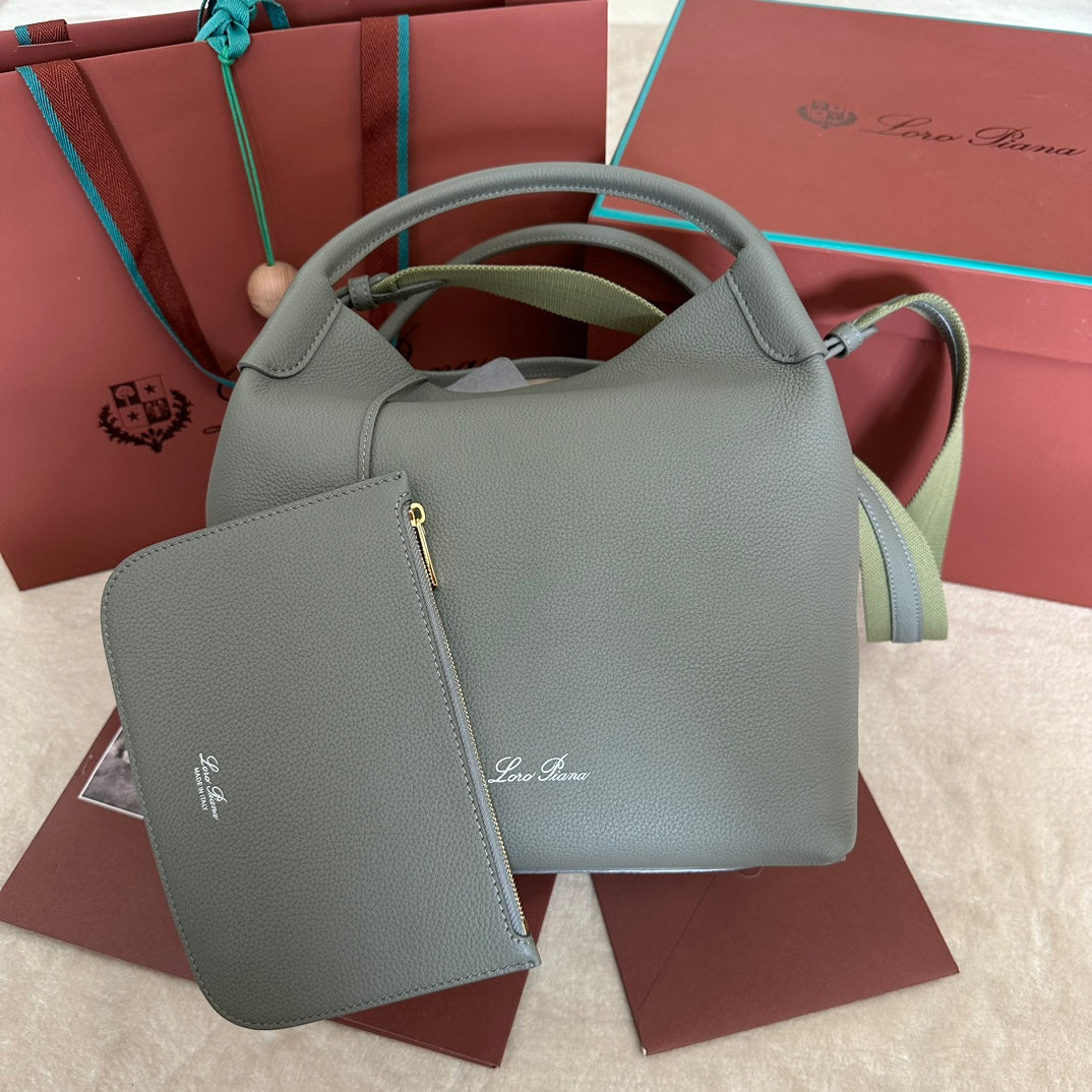 LORO PIANA MEDIUM 36 BAG IN ASH GRAY CALFSKIN WITH GOLD HARDWARE