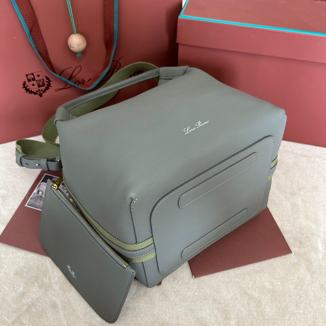 LORO PIANA MEDIUM 36 BAG IN ASH GRAY CALFSKIN WITH GOLD HARDWARE