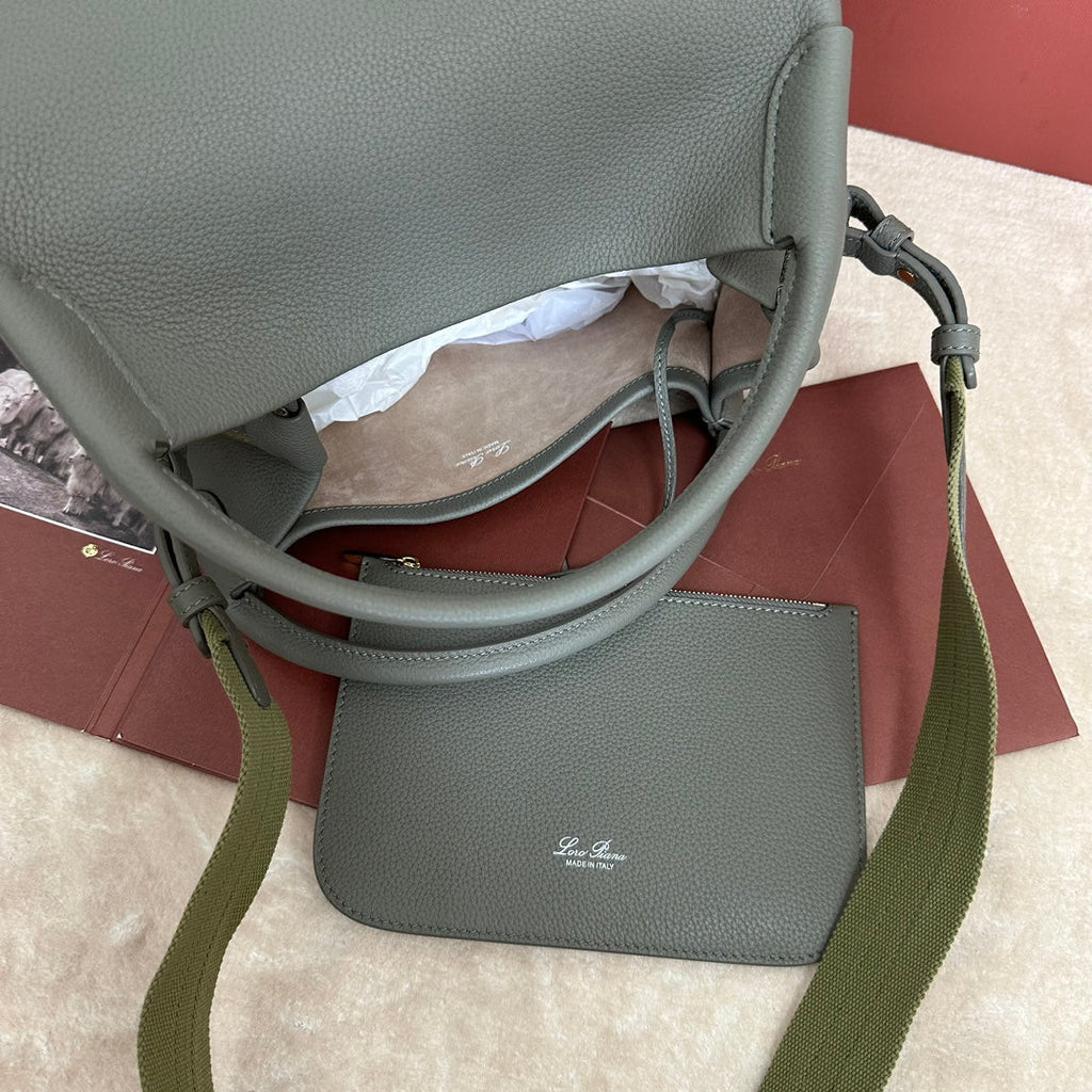 LORO PIANA MEDIUM 36 BAG IN ASH GRAY CALFSKIN WITH GOLD HARDWARE