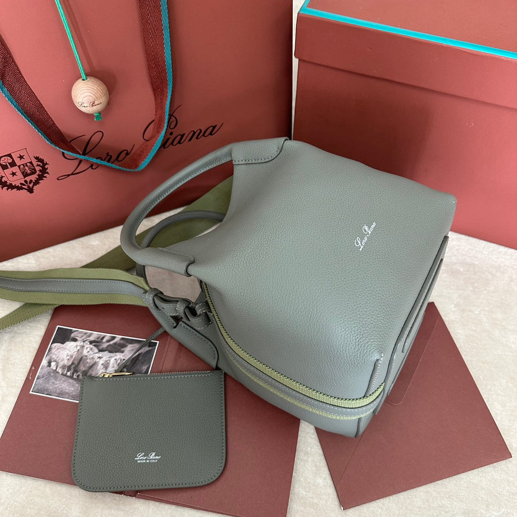LORO PIANA SMALL 21 BALE BAG IN BASIL GREEN GRAINED CALFSKIN WITH GOLD HARDWARE