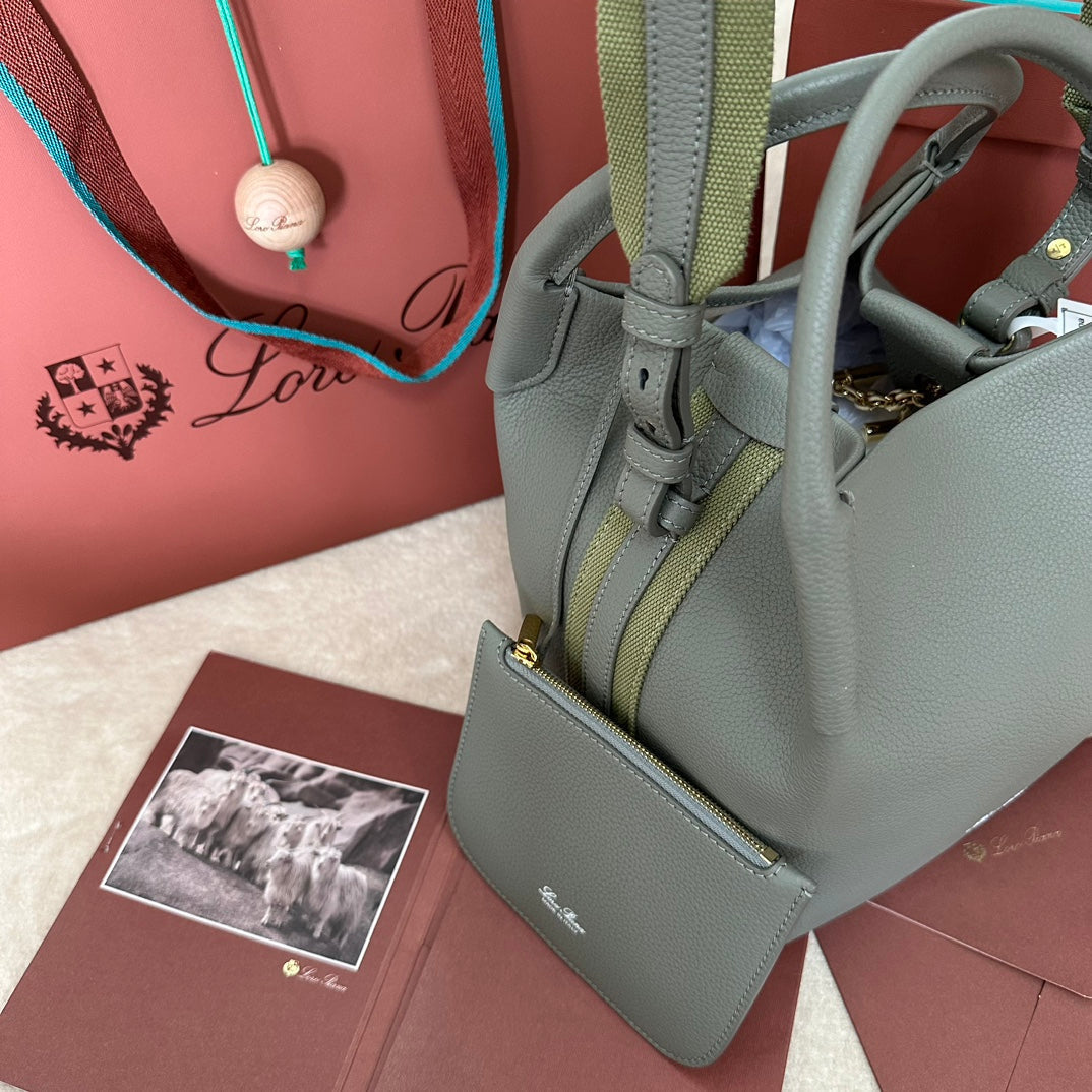LORO PIANA SMALL 21 BALE BAG IN BASIL GREEN GRAINED CALFSKIN WITH GOLD HARDWARE
