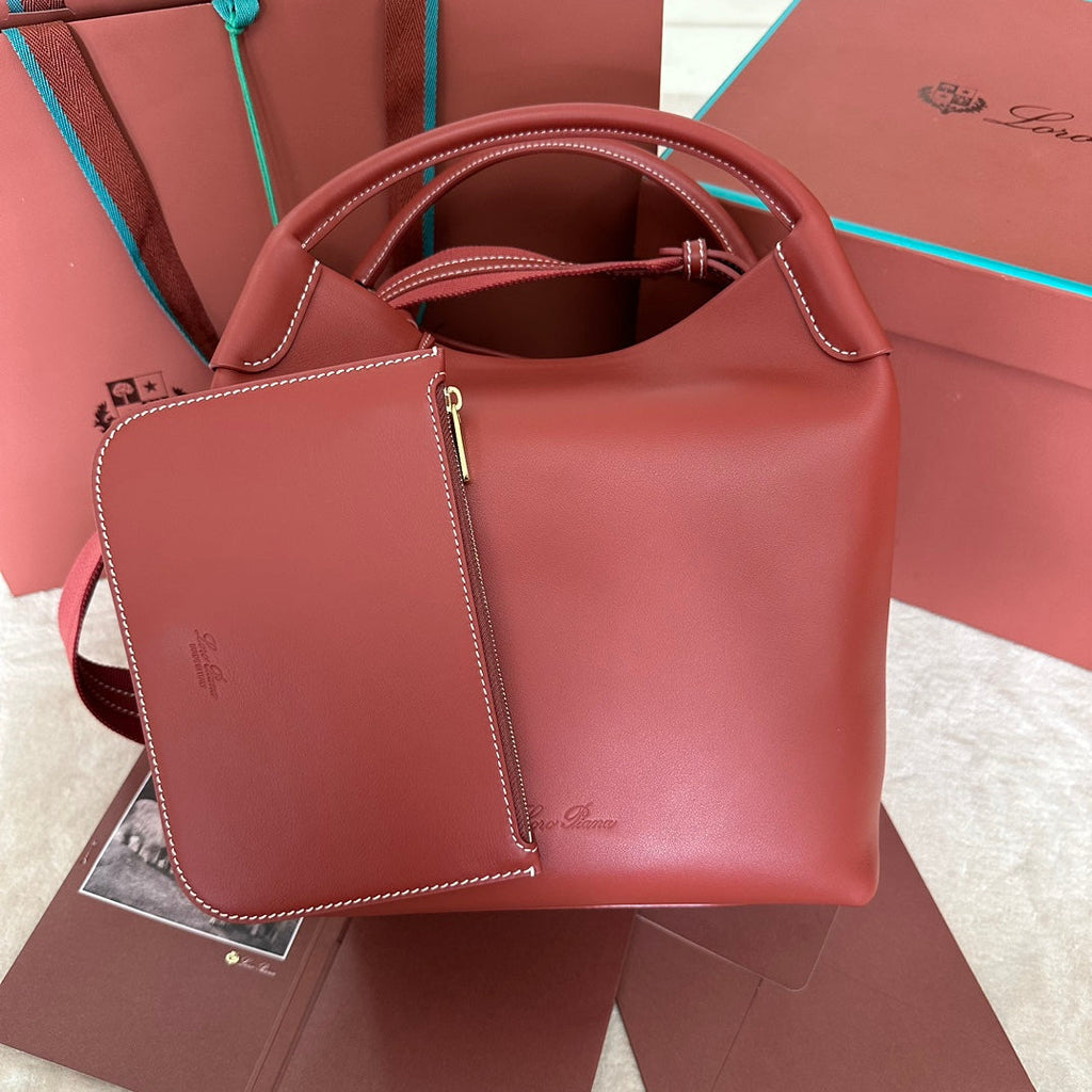 LORO PIANA MEDIUM 36 BAG IN VERMILION RED CALFSKIN WITH GOLD HARDWARE