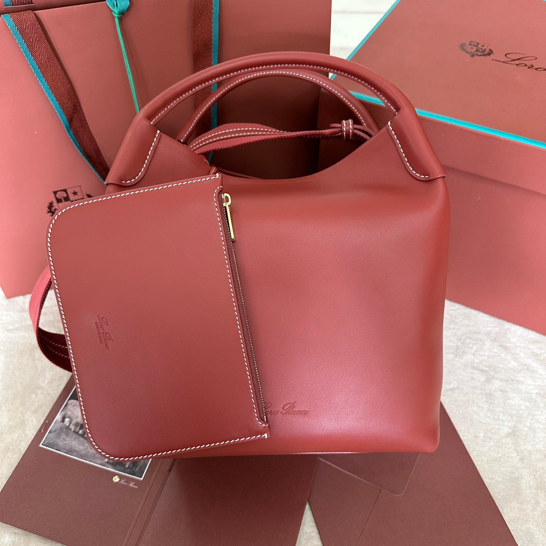 LORO PIANA MEDIUM 36 BAG IN VERMILION RED CALFSKIN WITH GOLD HARDWARE