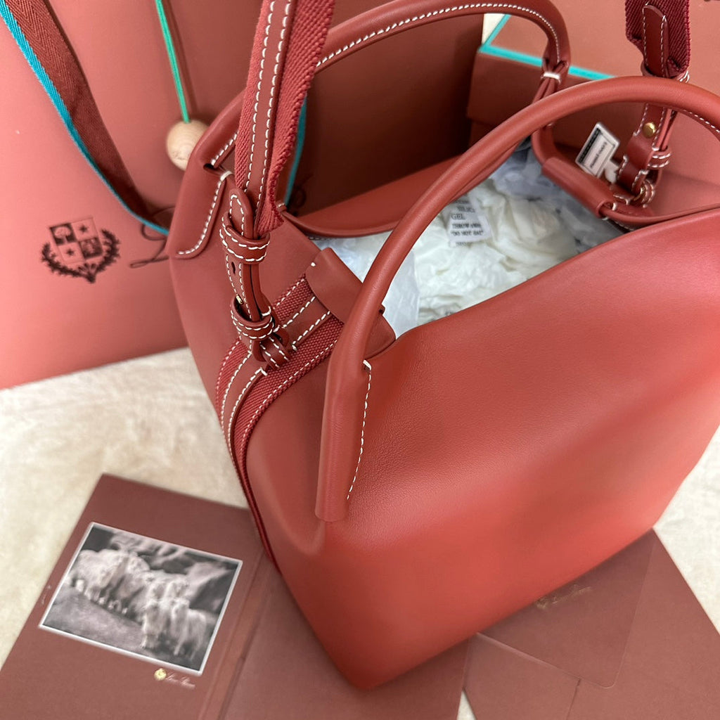 LORO PIANA MEDIUM 36 BAG IN VERMILION RED CALFSKIN WITH GOLD HARDWARE