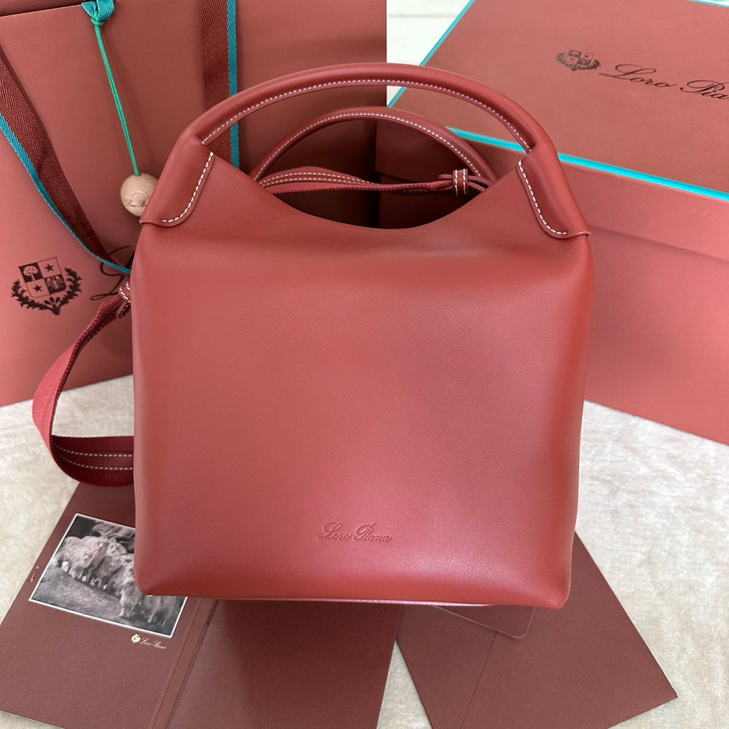 LORO PIANA MEDIUM 36 BAG IN VERMILION RED CALFSKIN WITH GOLD HARDWARE