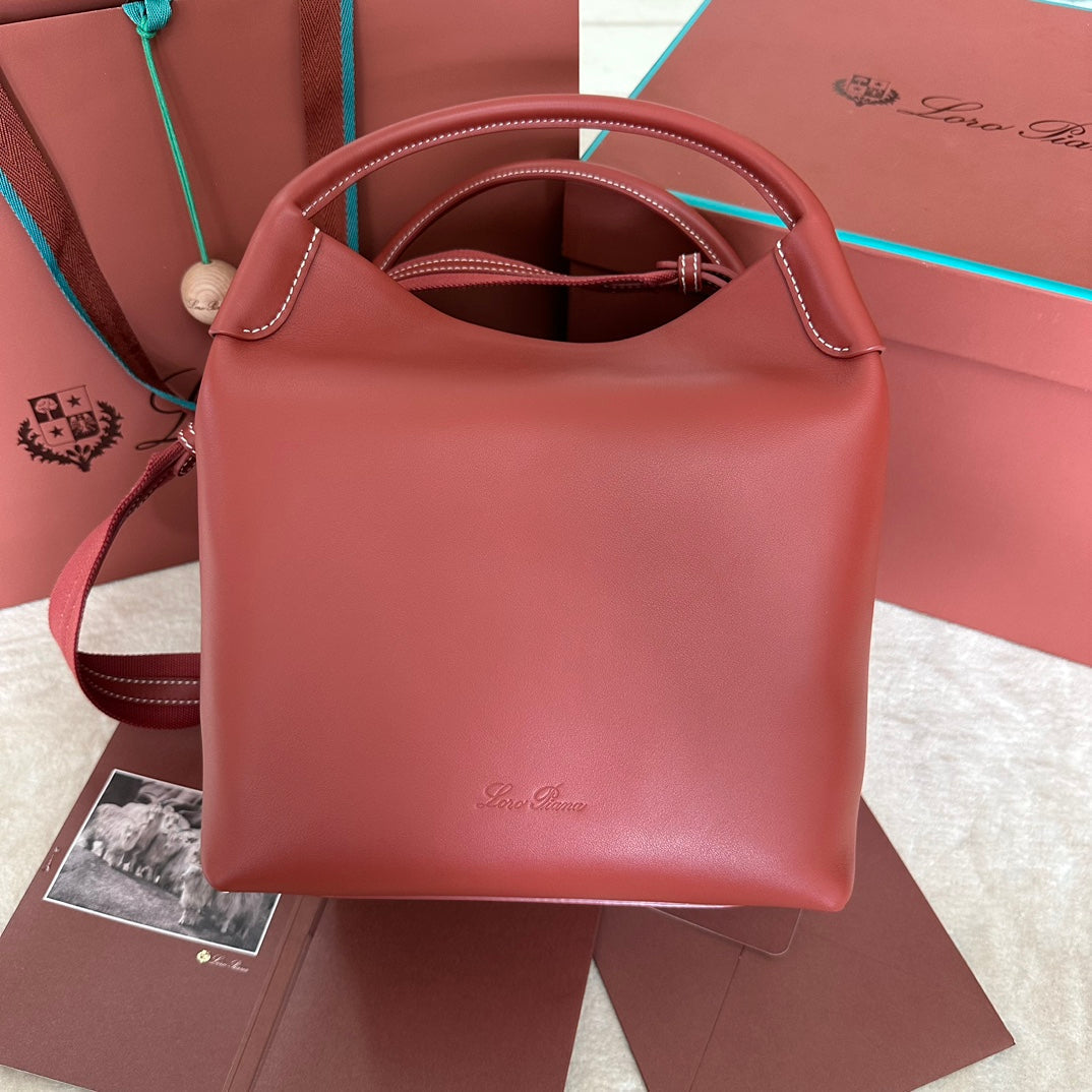 LORO PIANA MEDIUM 36 BAG IN VERMILION RED CALFSKIN WITH GOLD HARDWARE