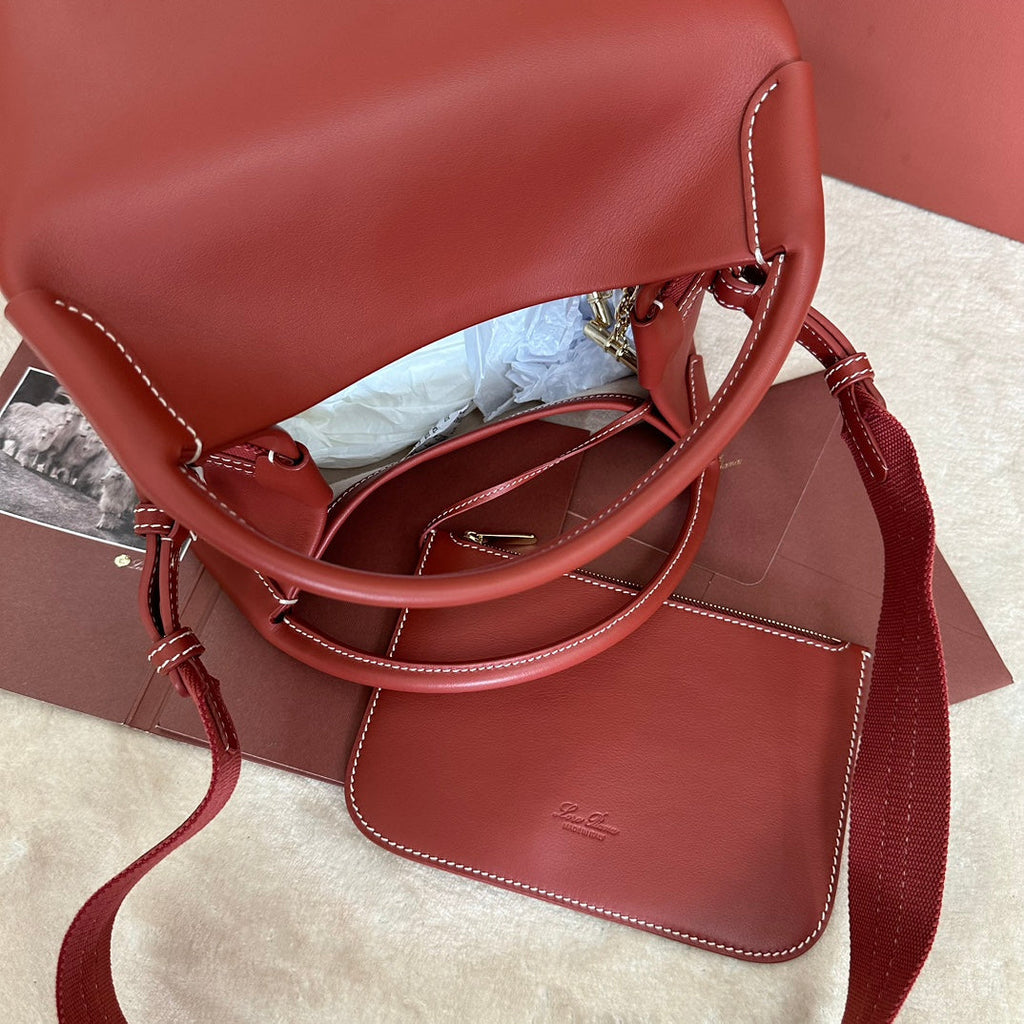 LORO PIANA MEDIUM 36 BAG IN VERMILION RED CALFSKIN WITH GOLD HARDWARE