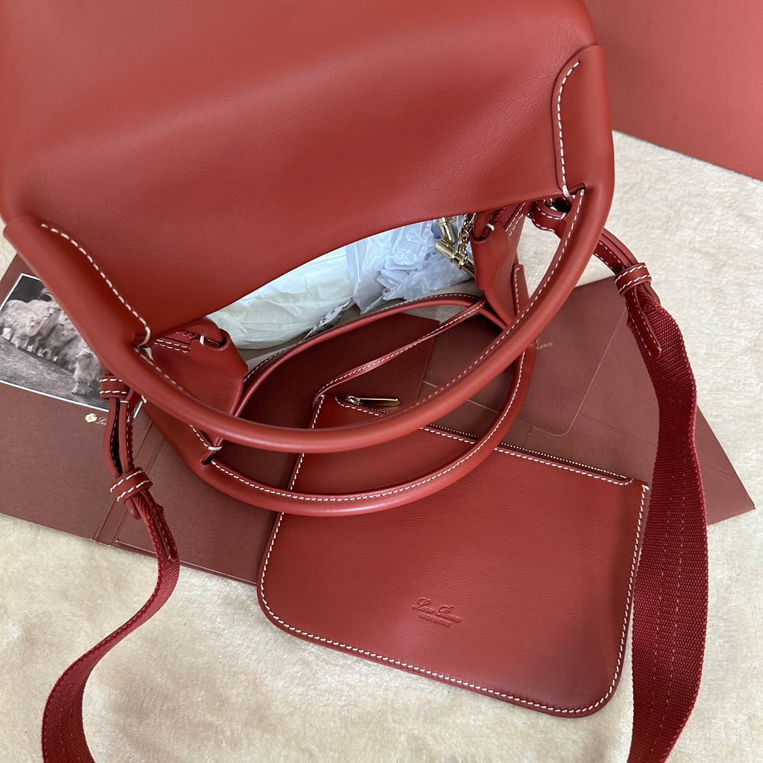 LORO PIANA MEDIUM 36 BAG IN VERMILION RED CALFSKIN WITH GOLD HARDWARE