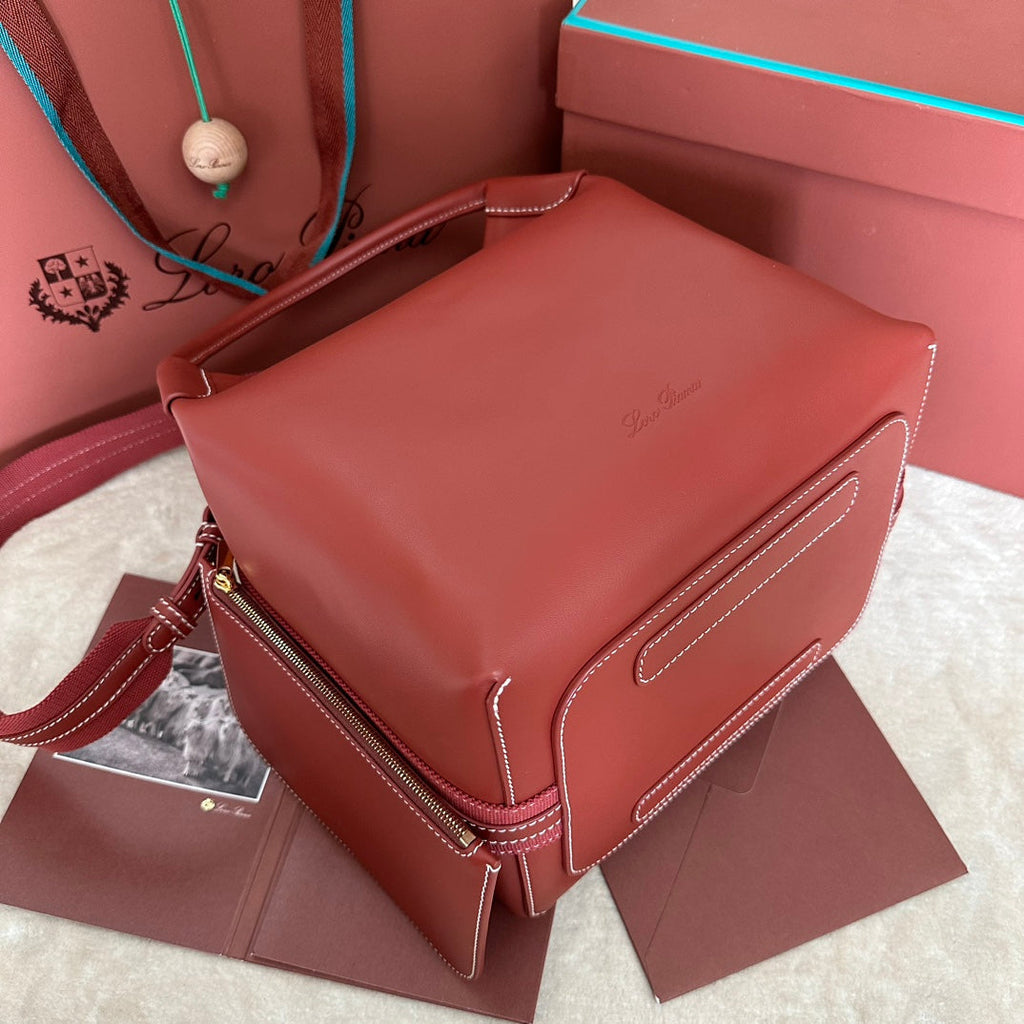 LORO PIANA MEDIUM 36 BAG IN VERMILION RED CALFSKIN WITH GOLD HARDWARE
