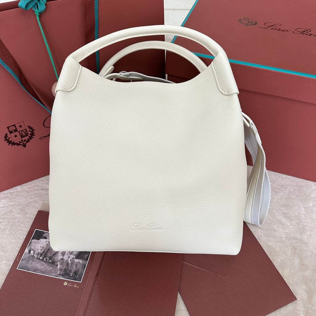 LORO PIANA MEDIUM 36 BAG IN WHITE CALFSKIN WITH SILVER HARDWARE