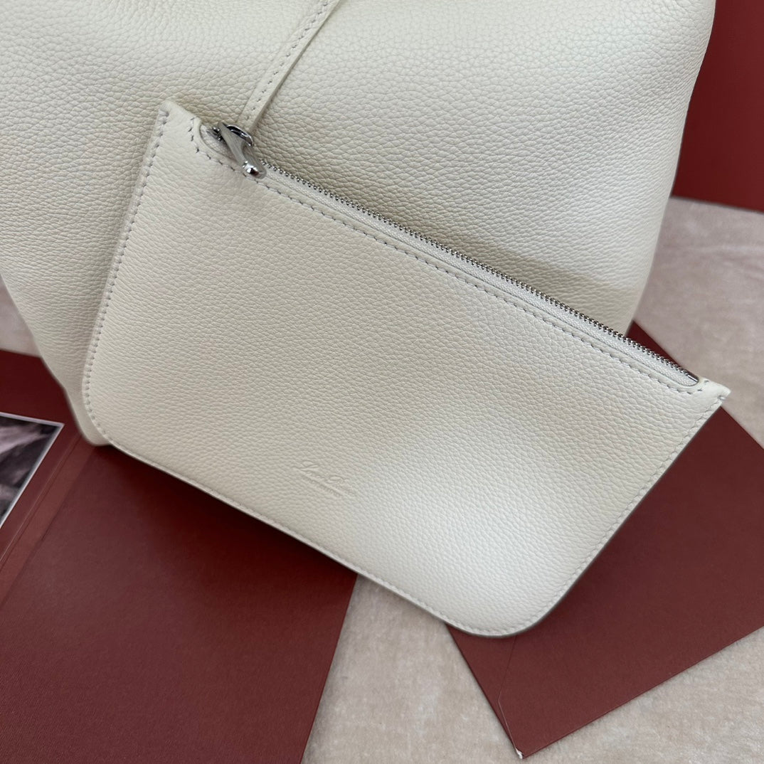 LORO PIANA MEDIUM 36 BAG IN WHITE CALFSKIN WITH SILVER HARDWARE