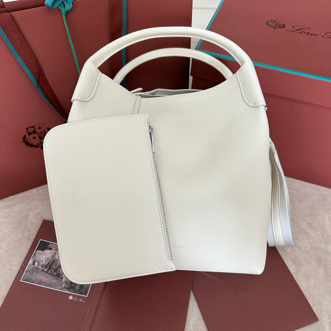 LORO PIANA MEDIUM 36 BAG IN WHITE CALFSKIN WITH SILVER HARDWARE