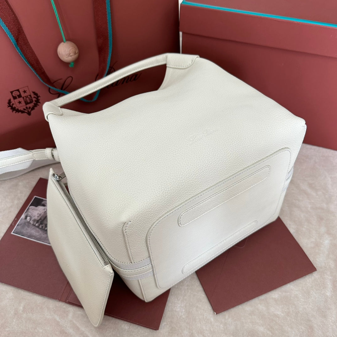 LORO PIANA MEDIUM 36 BAG IN WHITE CALFSKIN WITH SILVER HARDWARE