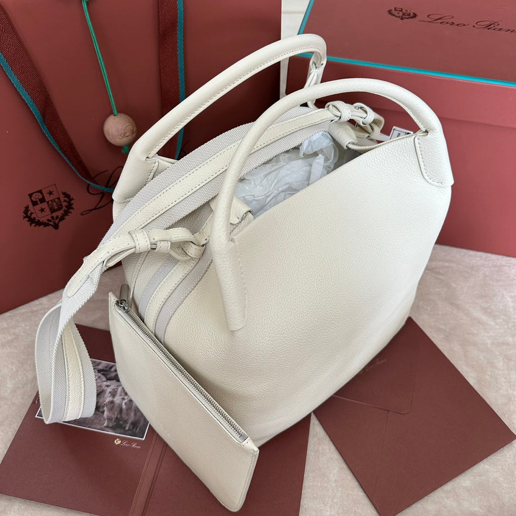 LORO PIANA MEDIUM 36 BAG IN WHITE CALFSKIN WITH SILVER HARDWARE