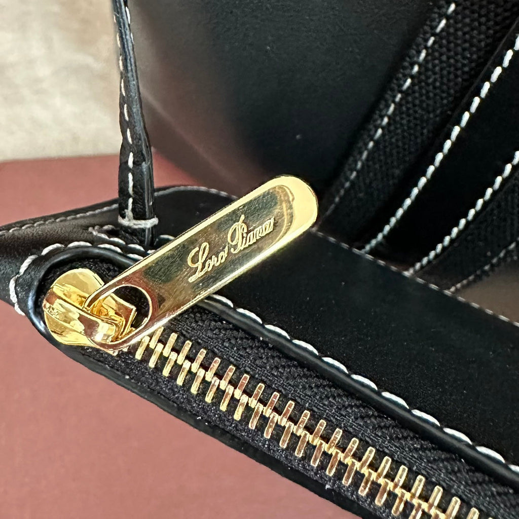LORO PIANA SMALL 21 BALE BAG IN BLACK GRAINED CALFSKIN WITH GOLD HARDWARE