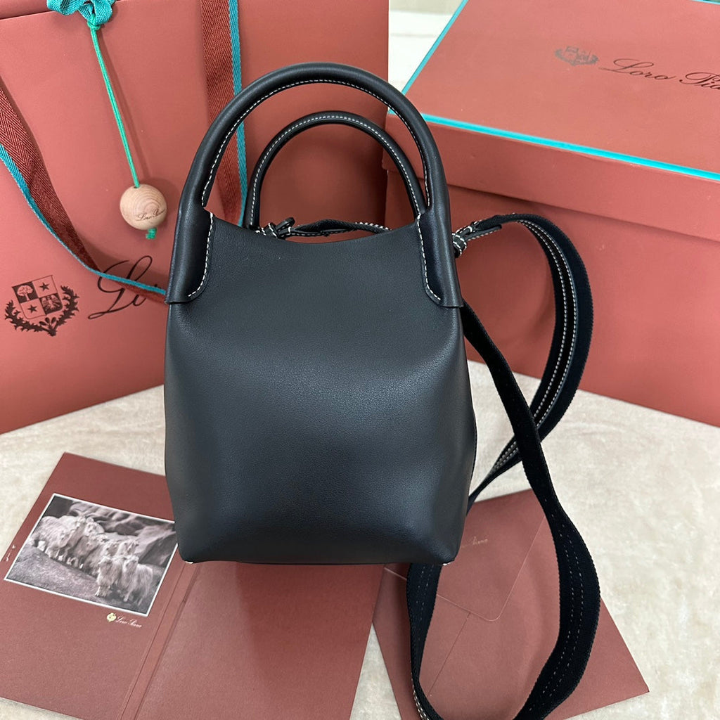 LORO PIANA SMALL 21 BALE BAG IN BLACK GRAINED CALFSKIN WITH GOLD HARDWARE