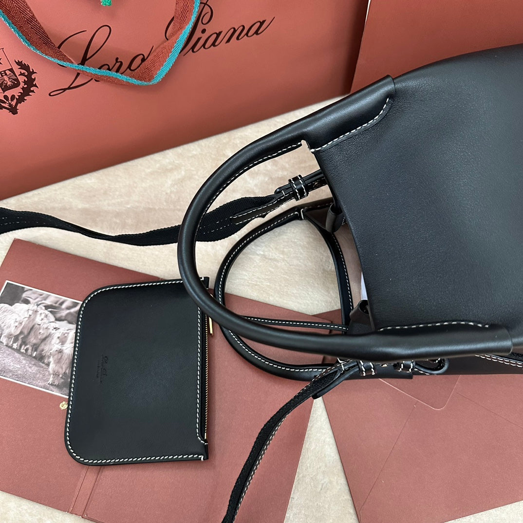 LORO PIANA SMALL 21 BALE BAG IN BLACK GRAINED CALFSKIN WITH GOLD HARDWARE