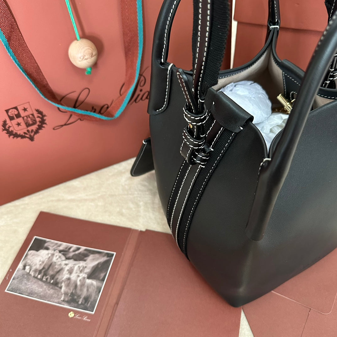LORO PIANA SMALL 21 BALE BAG IN BLACK GRAINED CALFSKIN WITH GOLD HARDWARE