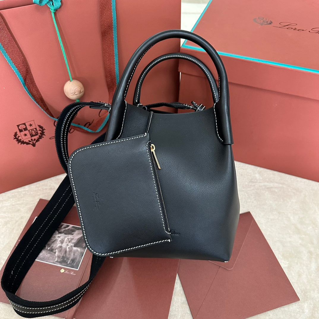 LORO PIANA SMALL 21 BALE BAG IN BLACK GRAINED CALFSKIN WITH GOLD HARDWARE