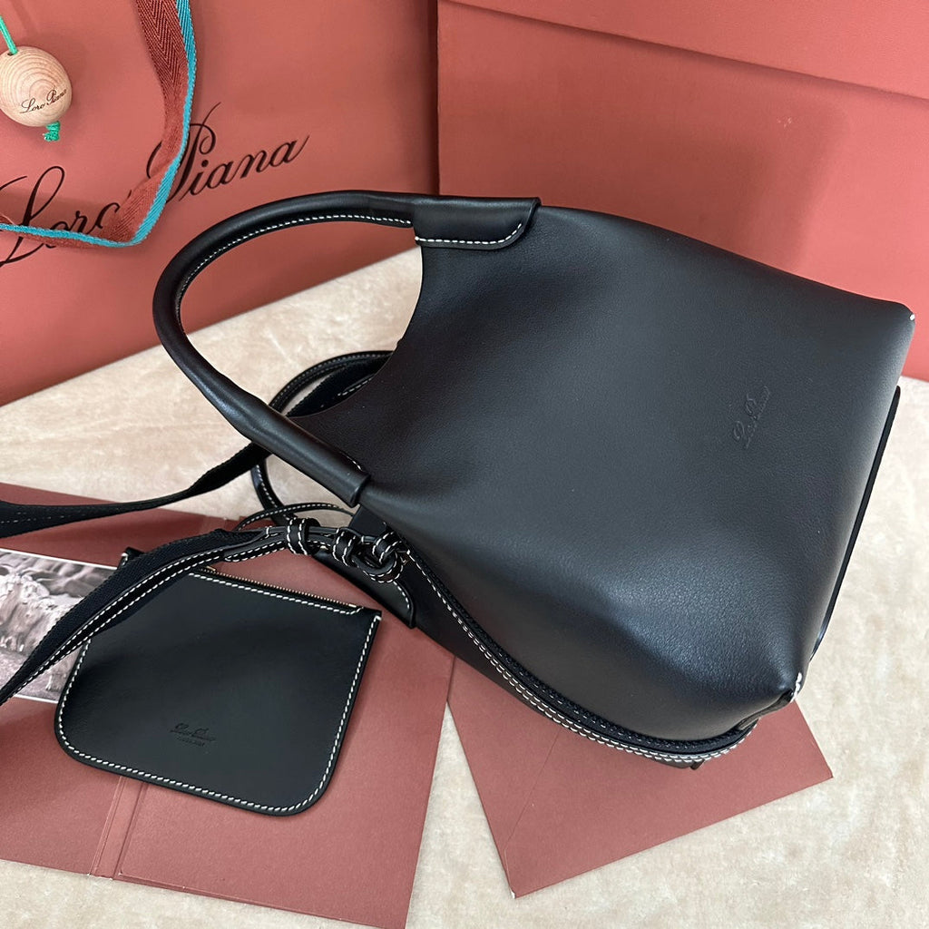 LORO PIANA SMALL 21 BALE BAG IN FULL BLACK GRAINED CALFSKIN WITH GOLD HARDWARE