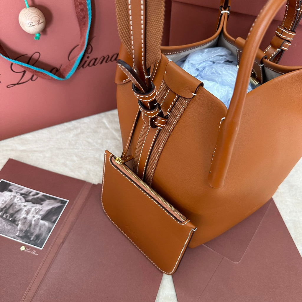 LORO PIANA SMALL 21 BALE BAG IN BRONZE BROWN GRAINED CALFSKIN WITH GOLD HARDWARE