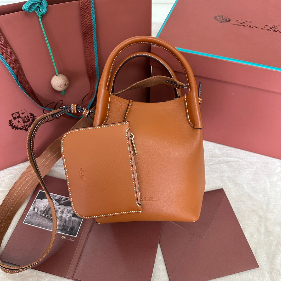 LORO PIANA SMALL 21 BALE BAG IN BRONZE BROWN GRAINED CALFSKIN WITH GOLD HARDWARE