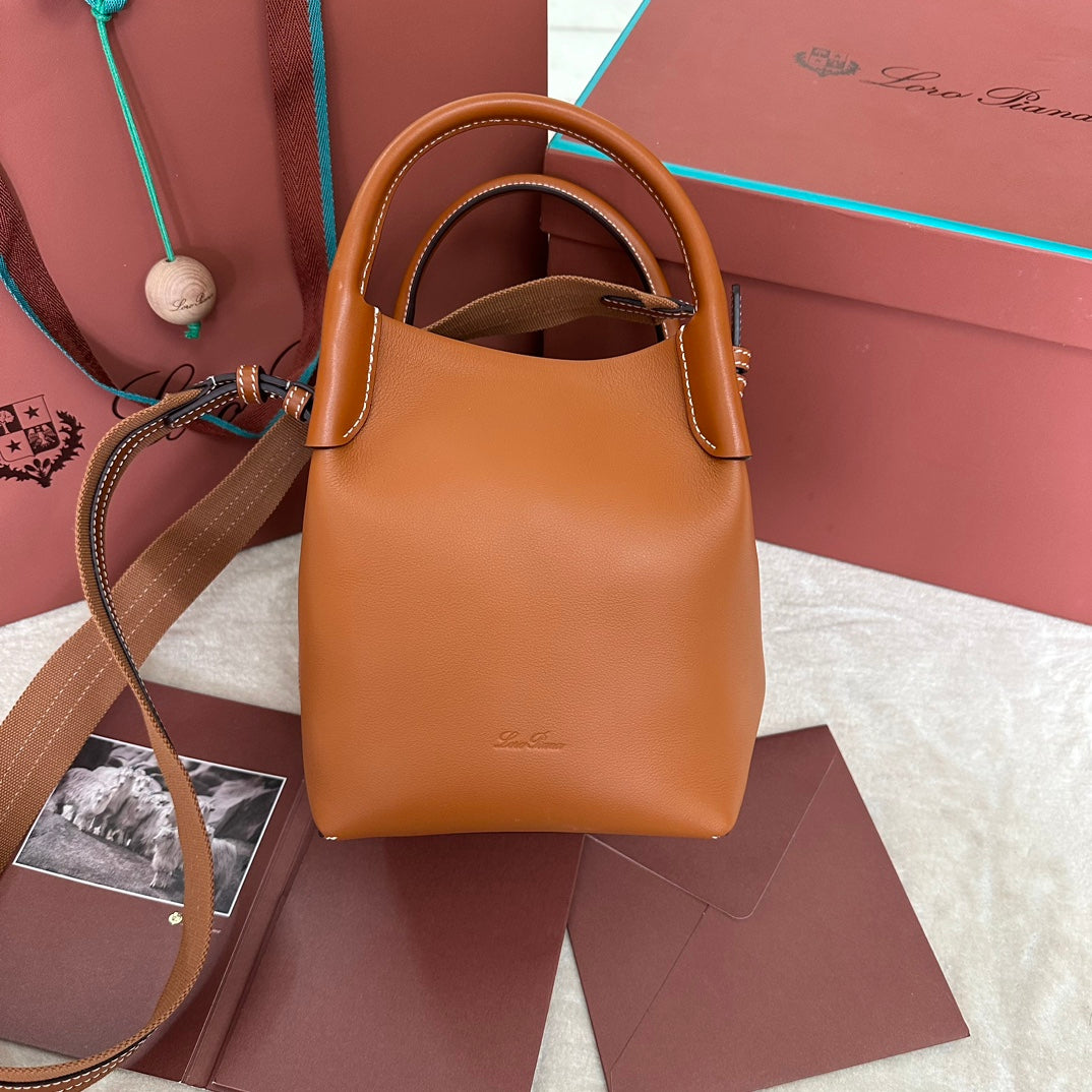 LORO PIANA SMALL 21 BALE BAG IN BRONZE BROWN GRAINED CALFSKIN WITH GOLD HARDWARE