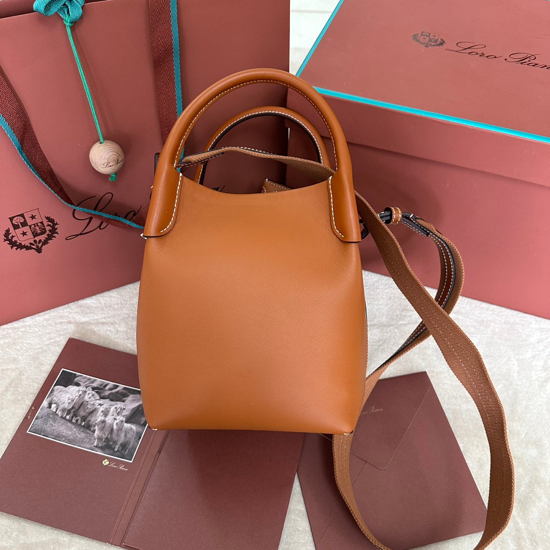LORO PIANA SMALL 21 BALE BAG IN BRONZE BROWN GRAINED CALFSKIN WITH GOLD HARDWARE