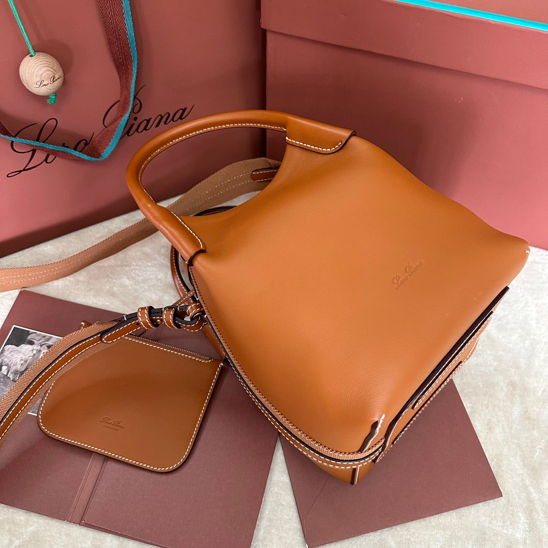 LORO PIANA SMALL 21 BALE BAG IN BRONZE BROWN GRAINED CALFSKIN WITH GOLD HARDWARE