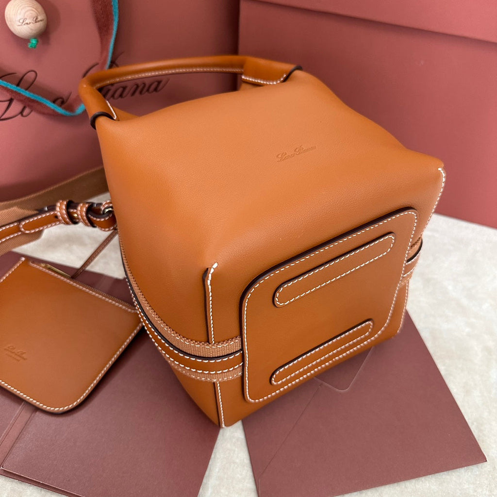 LORO PIANA SMALL 21 BALE BAG IN BRONZE BROWN GRAINED CALFSKIN WITH GOLD HARDWARE