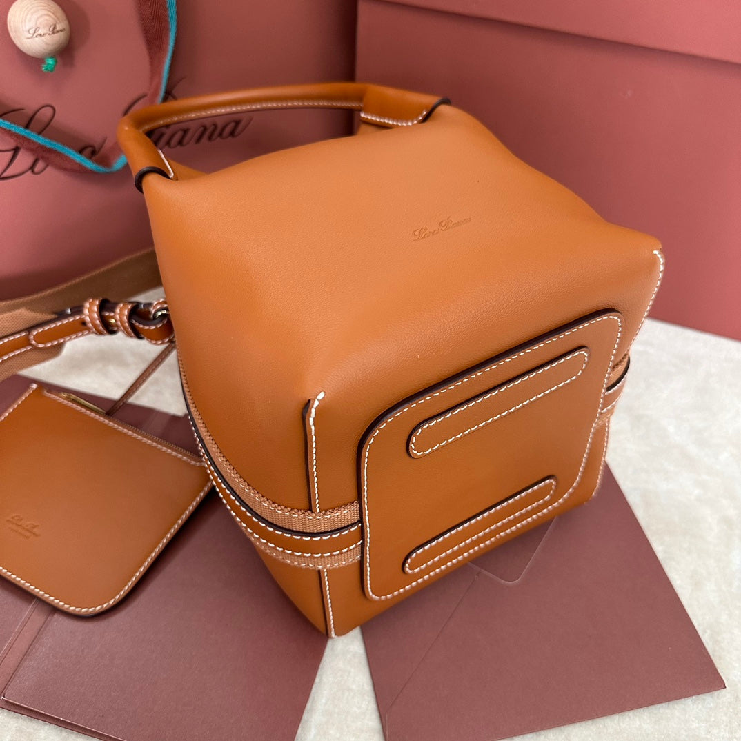 LORO PIANA SMALL 21 BALE BAG IN BRONZE BROWN GRAINED CALFSKIN WITH GOLD HARDWARE