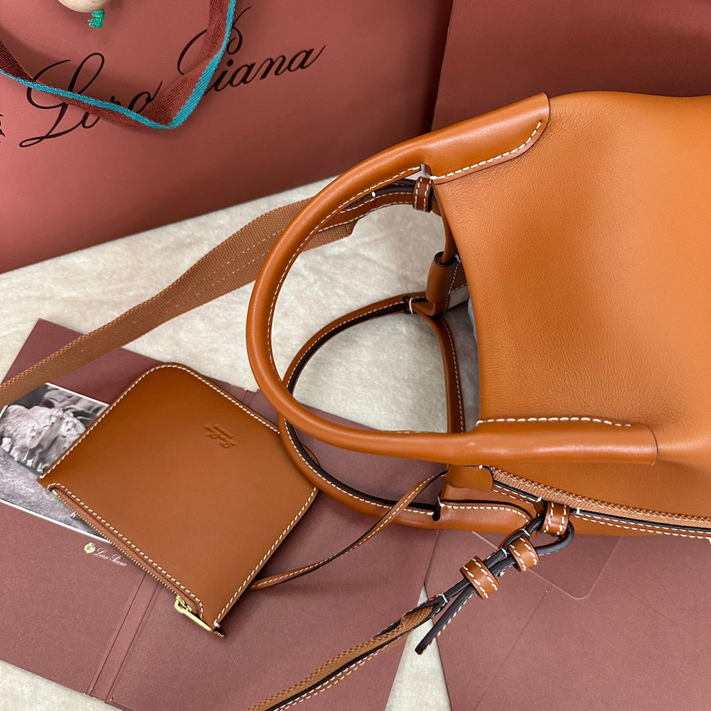 LORO PIANA SMALL 21 BALE BAG IN BRONZE BROWN GRAINED CALFSKIN WITH GOLD HARDWARE